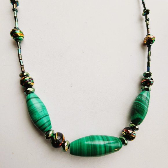 One of a Kind Malachite Necklace with Vintage-Made Malachite & Porcelain Beads - Picture 4 of 4